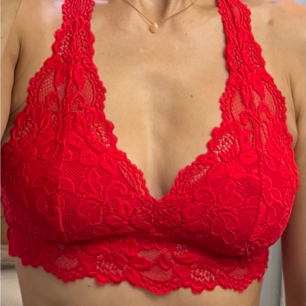 Vibrant Red Lace Bralette with Plunging Neckline